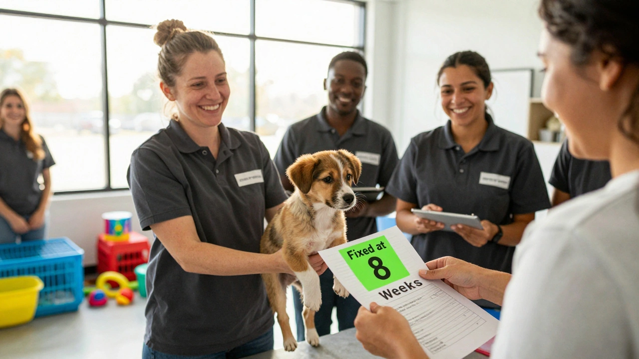 Shelter staff handing a fixed puppy to a new adopter with a 'Fixed at 8 Weeks' sticker.
