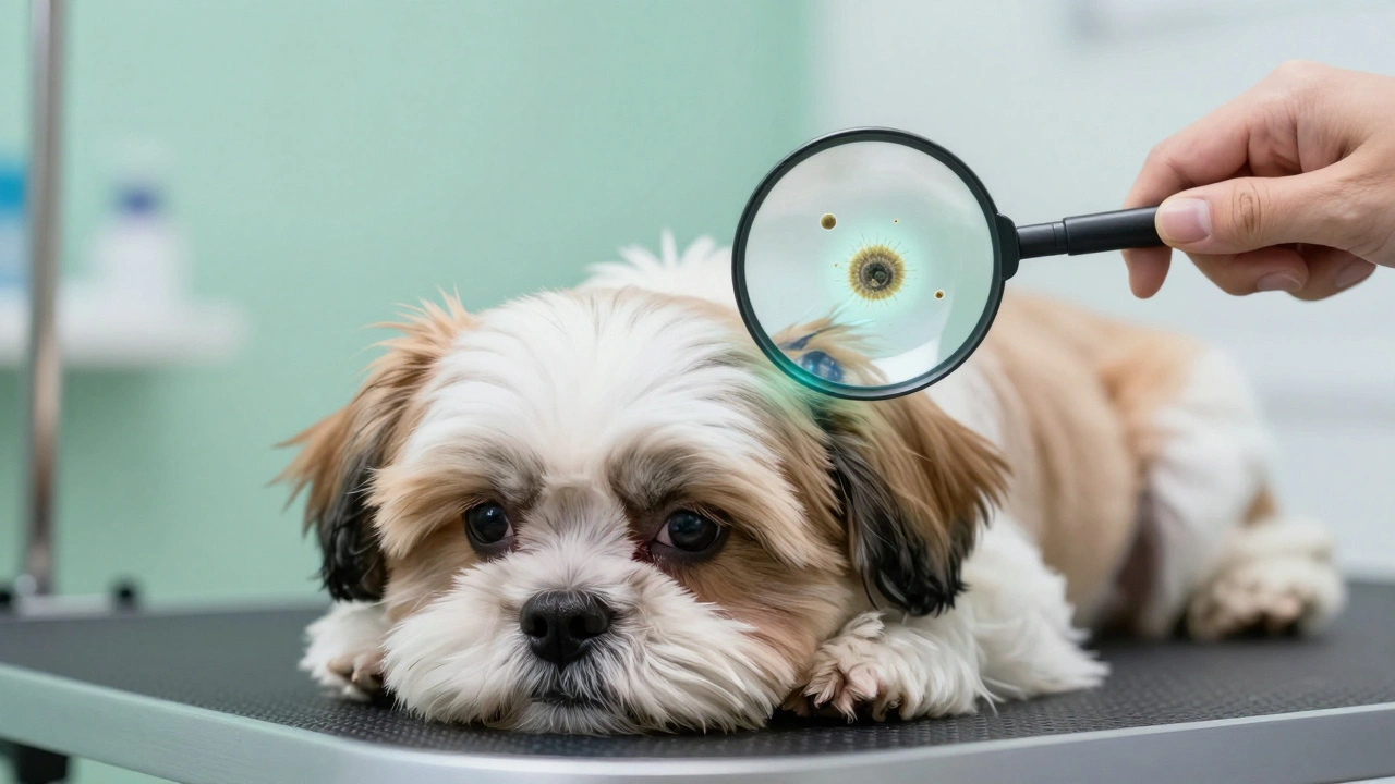 Shih Tzu puppy with trimmed ear hair, microscopic germs being neutralized, gentle light, vet offering treat in background.