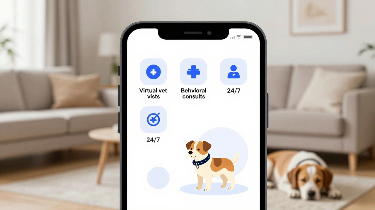 Smartphone screen displaying telehealth benefits for dog insurance with a smart collar icon and a sleeping dog in the background.