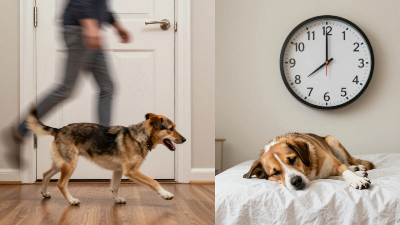 Split image: one side shows a dog pacing in distress, the other shows the same dog sleeping peacefully.