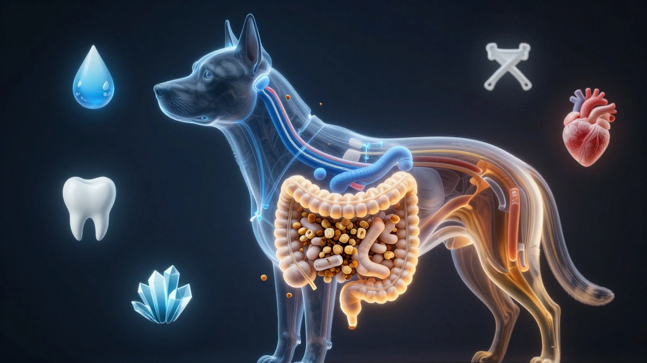 Transparent dog digestive system showing hydration and chewing pathways with icons.