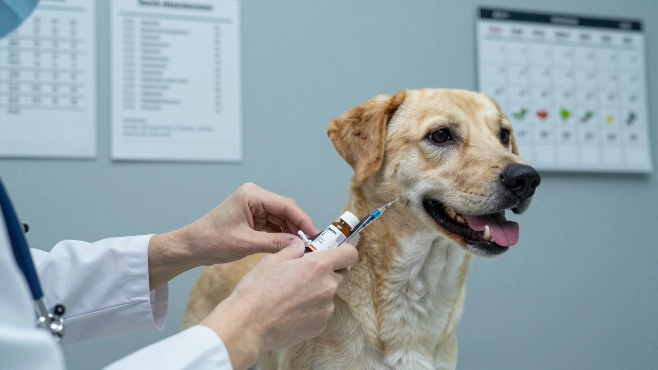 Veterinarian treating a dog's hot spot with medicated clipping and antibiotics, allergy test results visible in background.