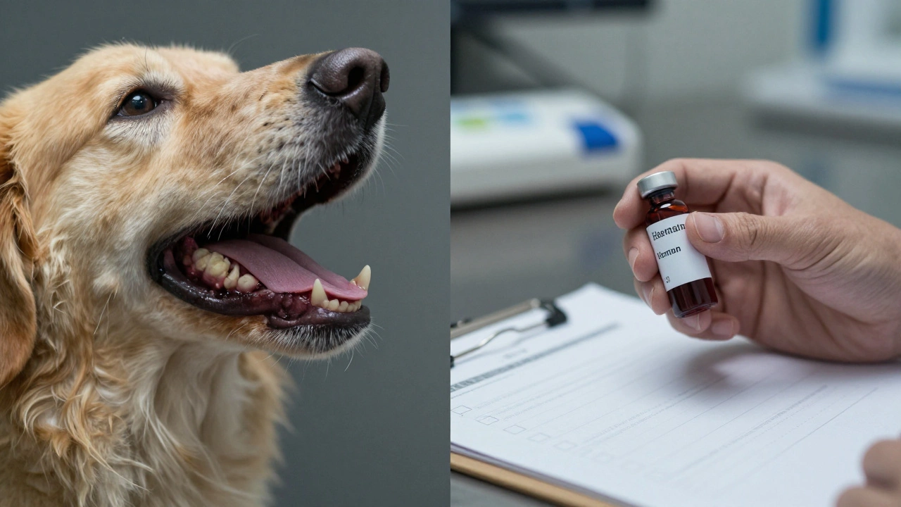 Veterinary close-up of a dog's dental issues alongside a blood sample, symbolizing hidden health causes of appetite loss.