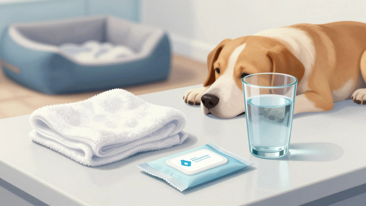 Warm compress and hygiene supplies arranged beside resting pregnant dog.