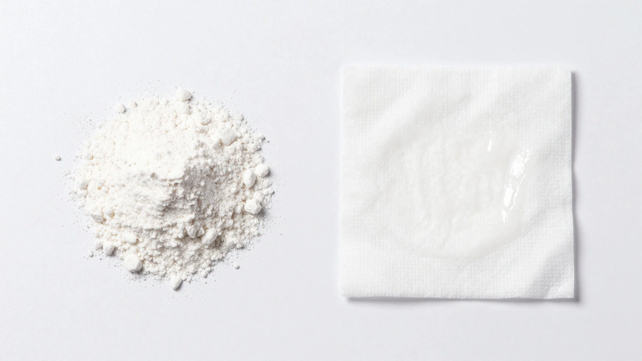 White ear powder pile next to a moist cleaning wipe.