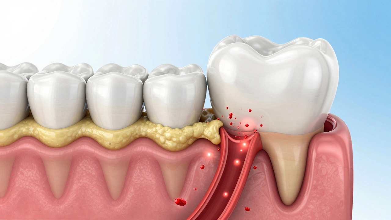 3D medical illustration of tartar creating a gum pocket and bacteria entering the bloodstream.