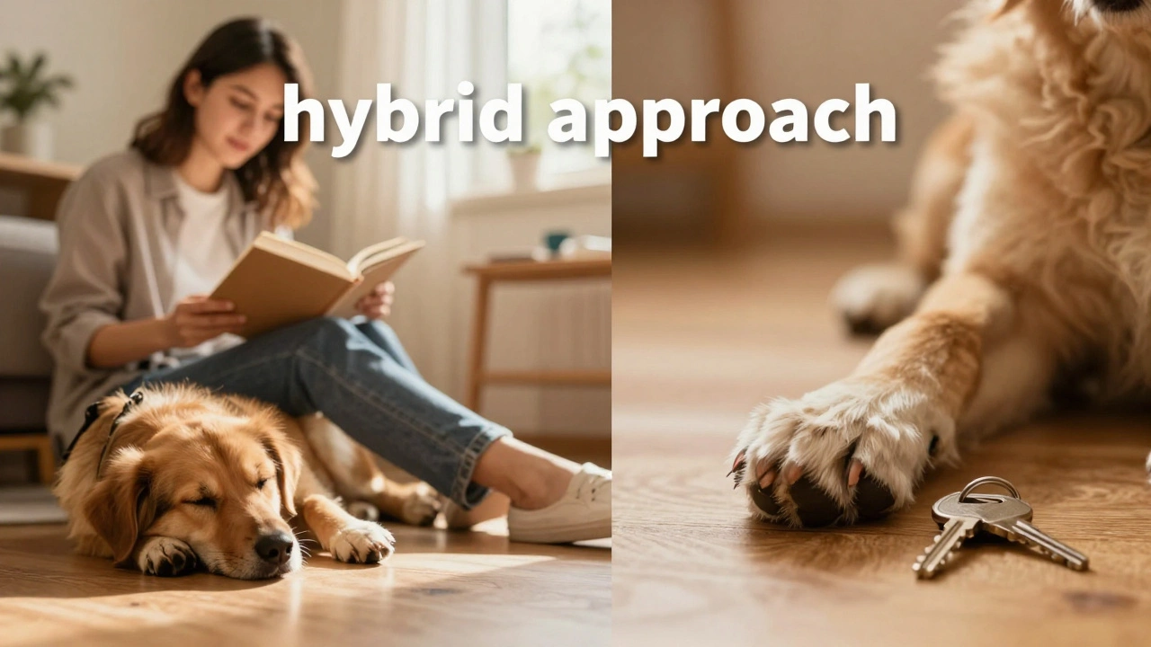 A calm dog resting with a professional sitter next to a scene of home training exercises.