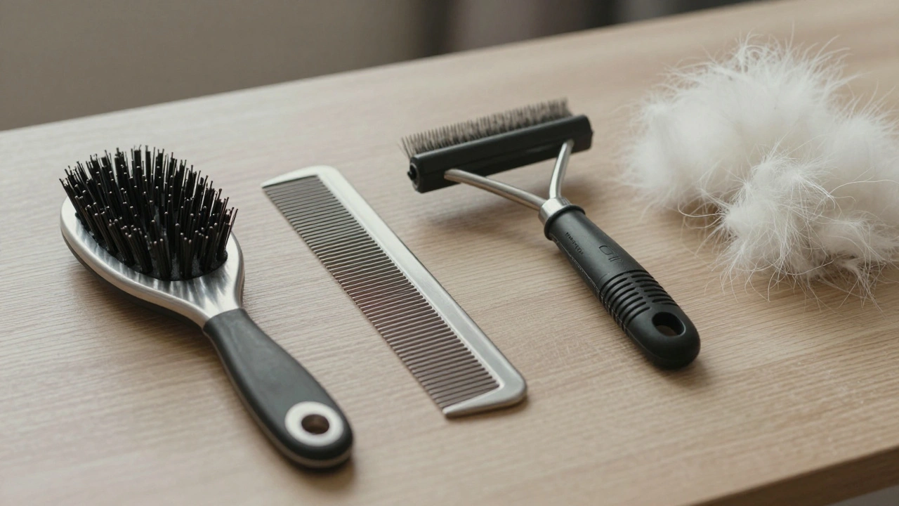 A collection of professional dog grooming tools including a rake, comb, and slicker brush.