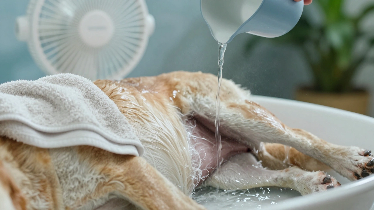 A dog being cooled with lukewarm water and a damp towel using a fan