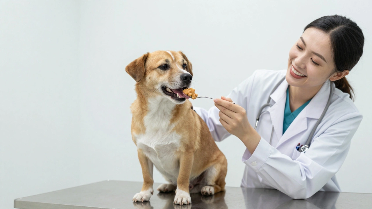 A dog calmly enjoying a treat on a veterinary exam table with a friendly vet.