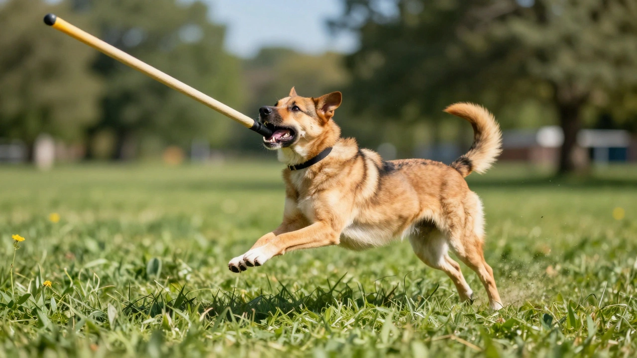 A dog jumping energetically during a high-intensity flirt pole exercise in a park.