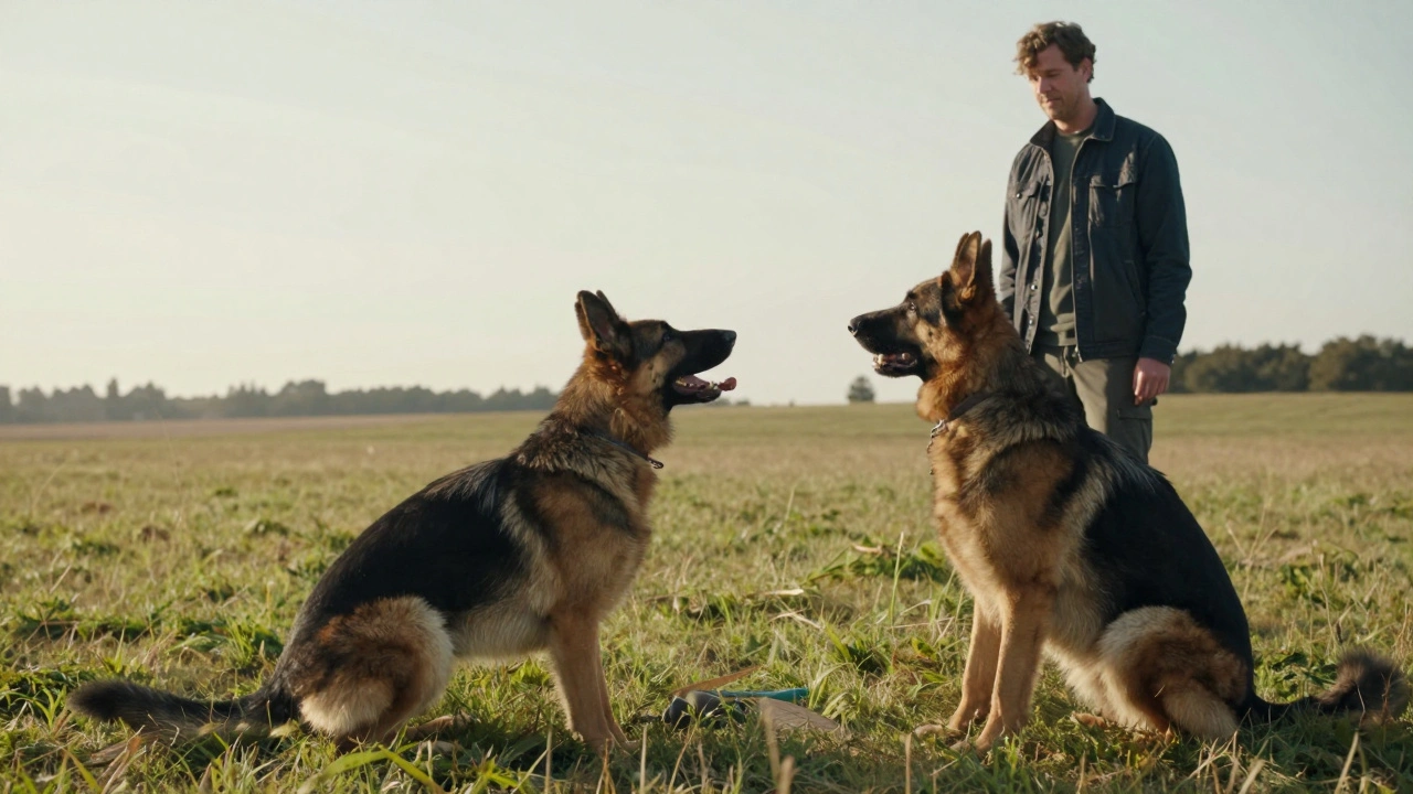 A dog owner using a treat to calm a high-energy dog during a play session in a field.