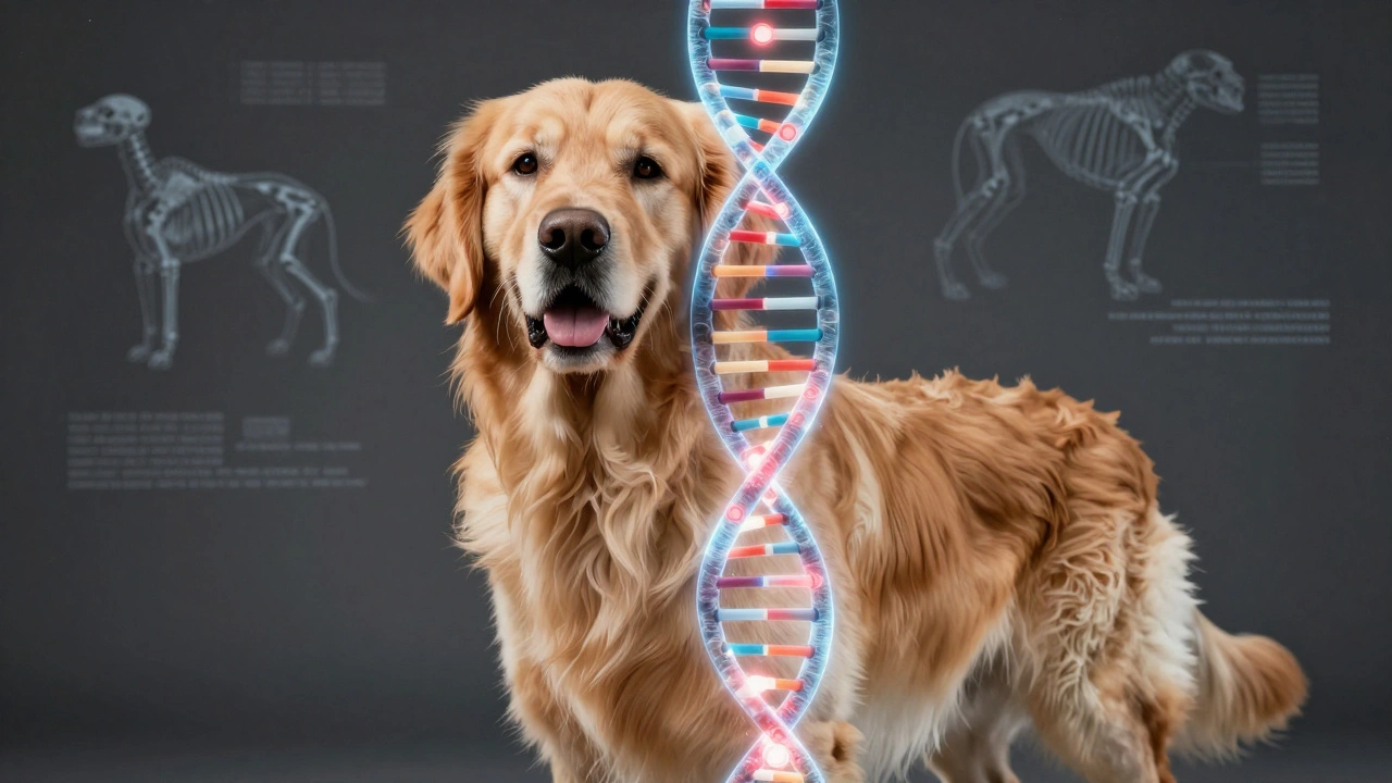 A dog partially transformed into a holographic DNA strand highlighting joint genetics.