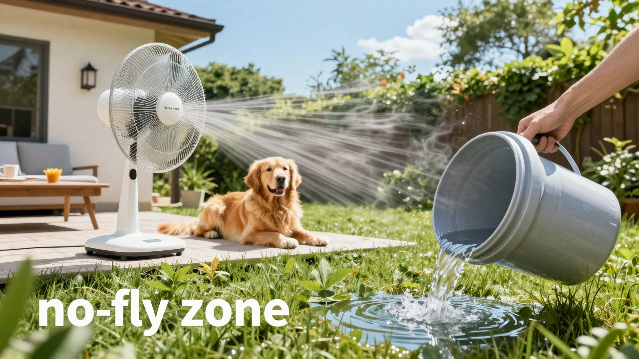 A dog resting on a patio while a person empties standing water from a bucket.