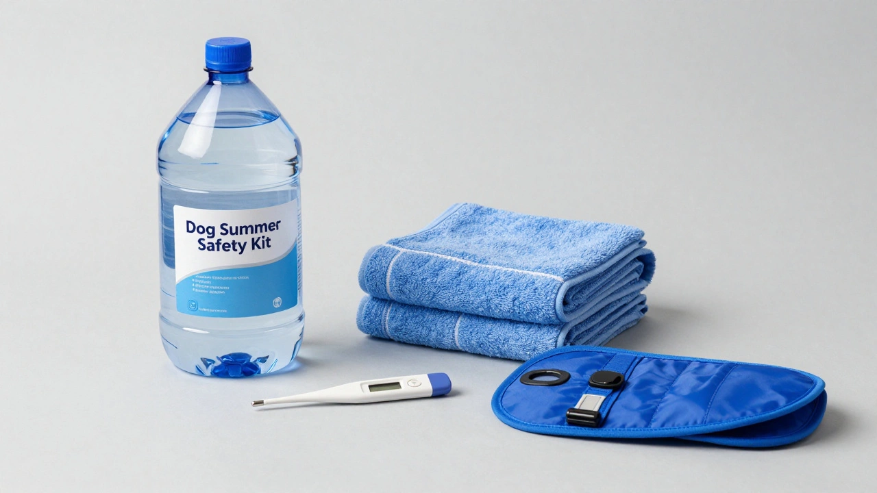 A dog summer safety kit containing water, a towel, a thermometer, and a cooling vest