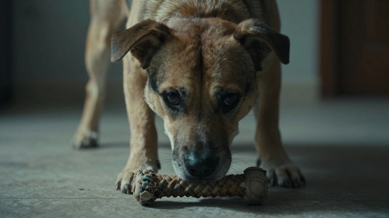 A dog with a rigid posture and intense, unblinking stare guarding a toy.
