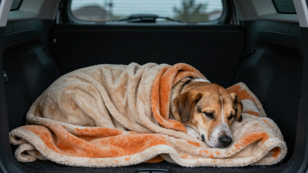 A dog wrapped in a warm blanket in a car to prevent shock.