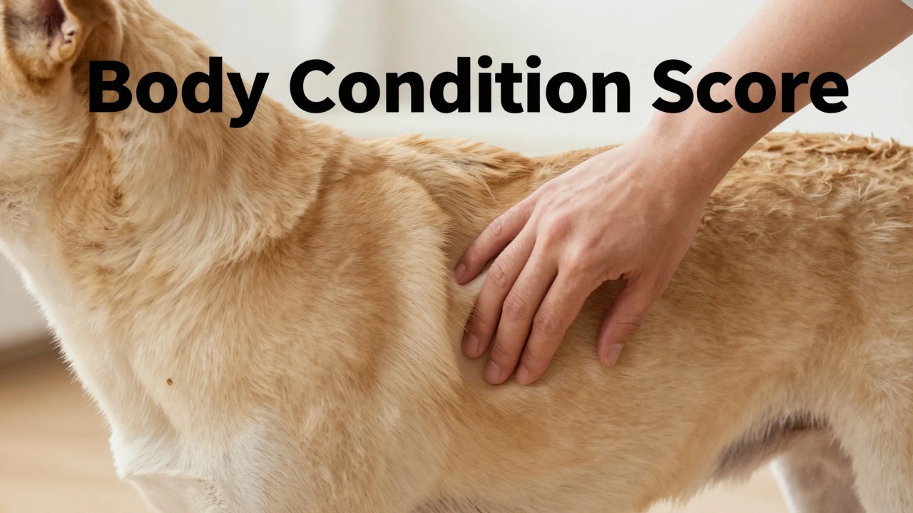 A hand checking a dog's ribcage to assess its body condition score