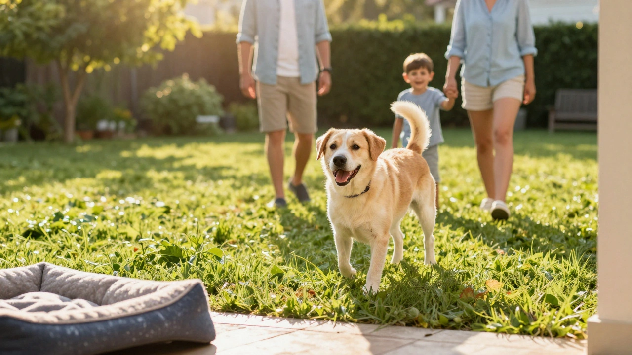 A happy dog playing with its family in a sunny, clean backyard.