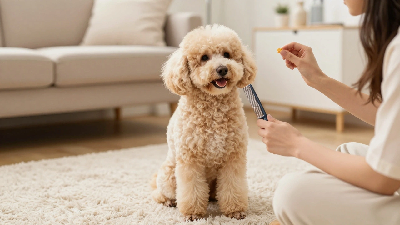 A happy Poodle receiving a treat during a gentle combing session in a cozy living room.