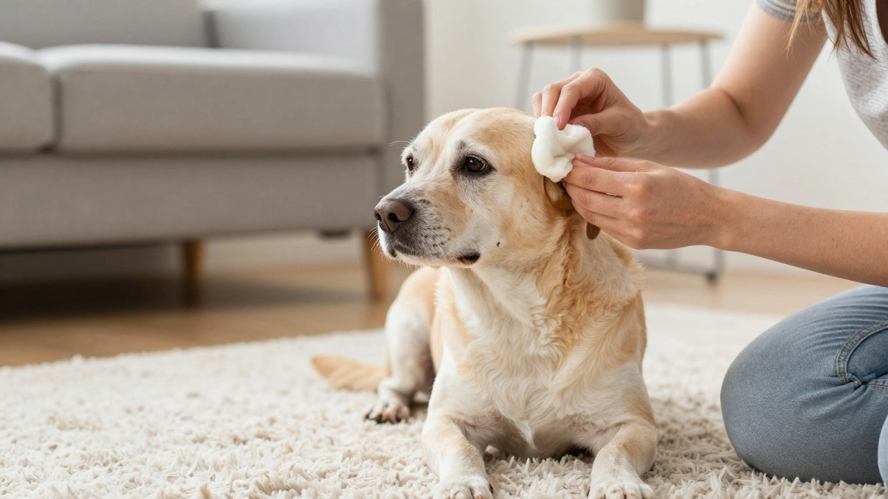 A person gently cleaning the ear of a senior dog on a living room rug
