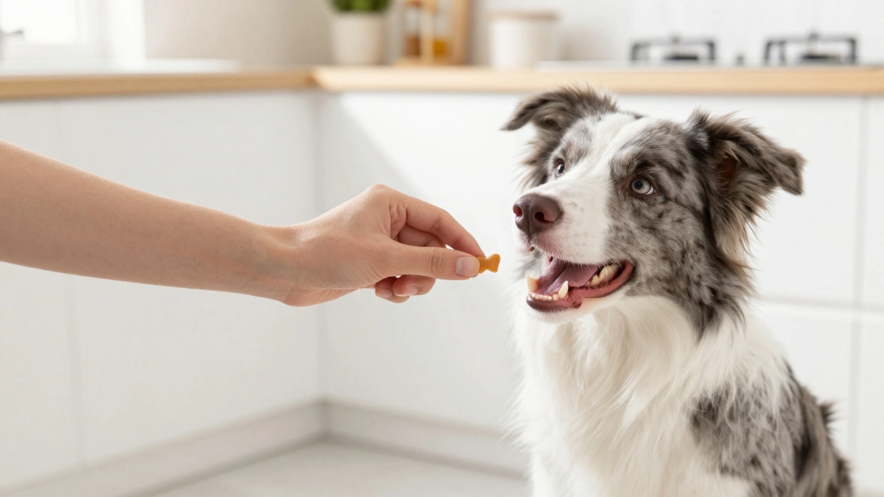 A person giving a heartworm preventative chew treat to a Border Collie.