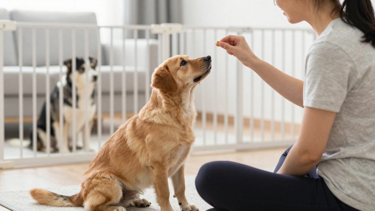 A person training one dog while the other watches from behind a baby gate.