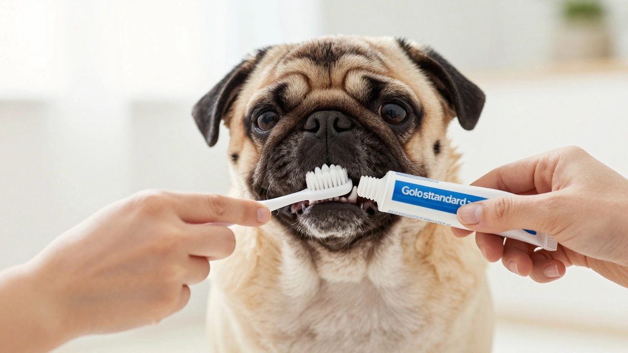 A person using a finger brush to clean the teeth of a calm Pug dog.