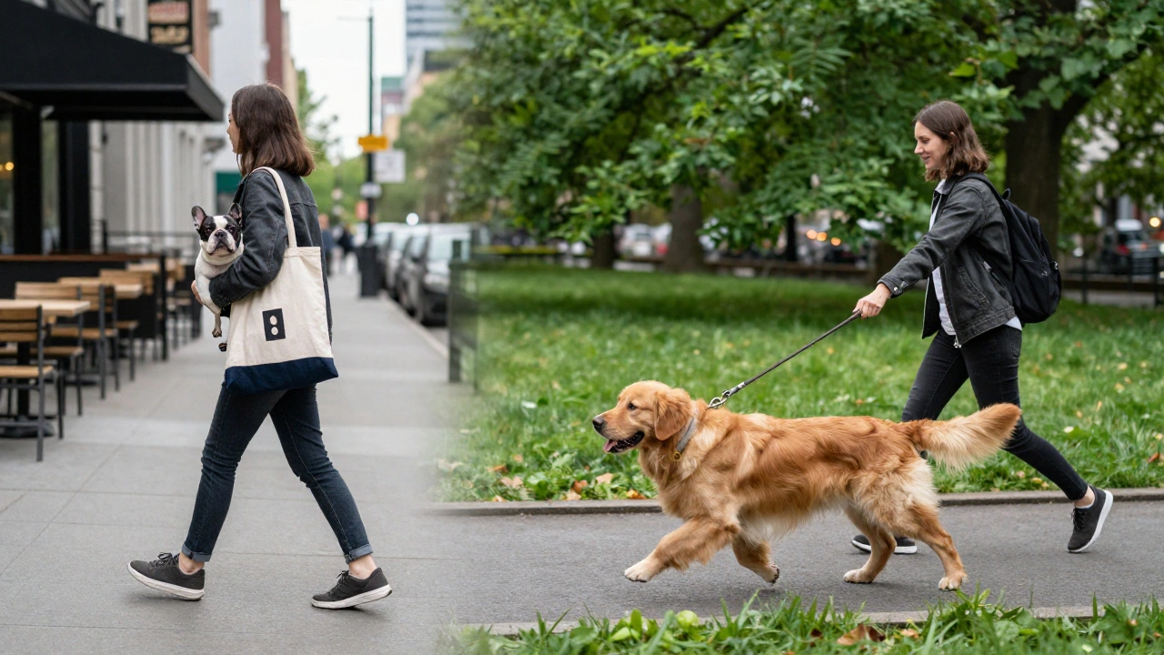 A person with a French Bulldog in the city and a Golden Retriever in a park.