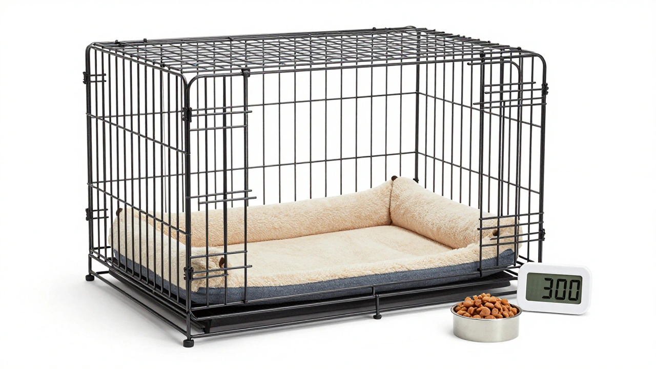 A puppy crate next to a timer and food bowl on a white background