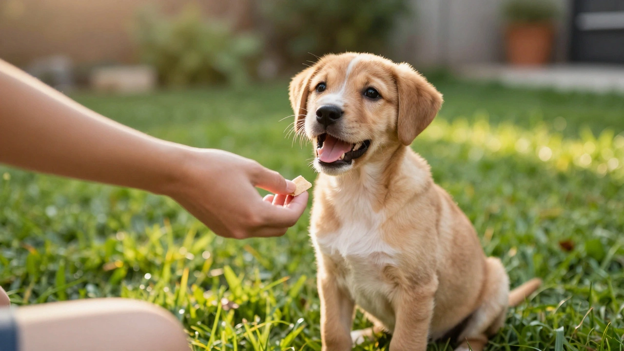 A puppy receiving a treat on a green grass lawn during training