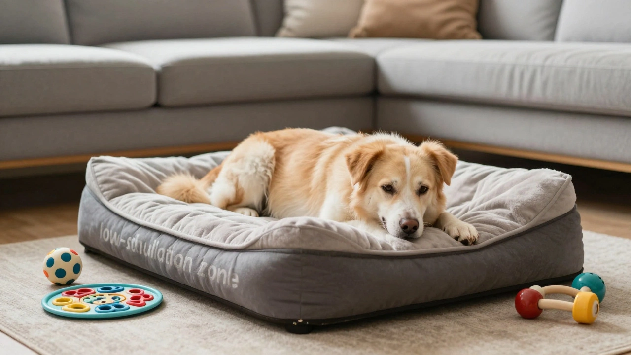 A recovering dog relaxing on a comfortable bed with puzzle toys in a quiet home.