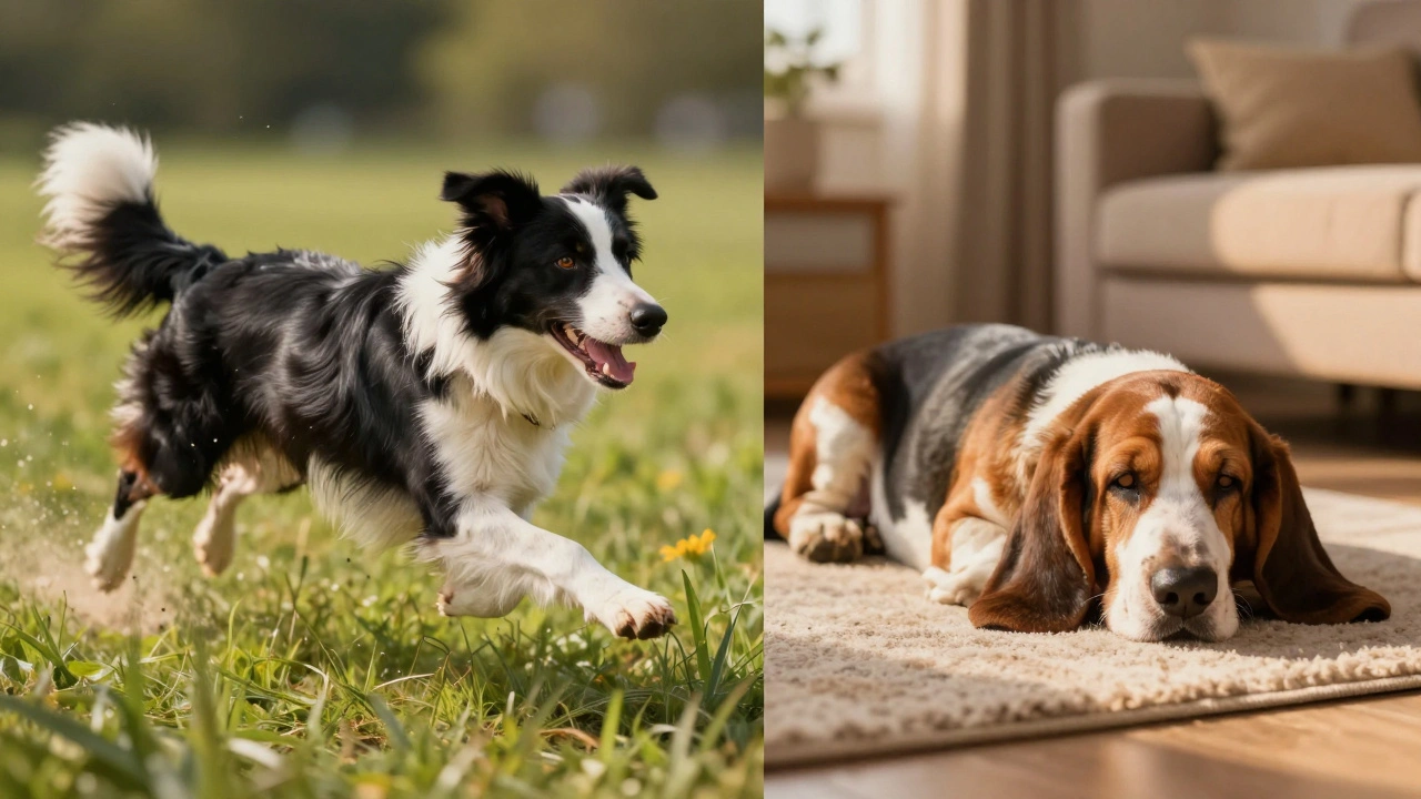 A split image showing an active Border Collie and a resting senior Basset Hound.