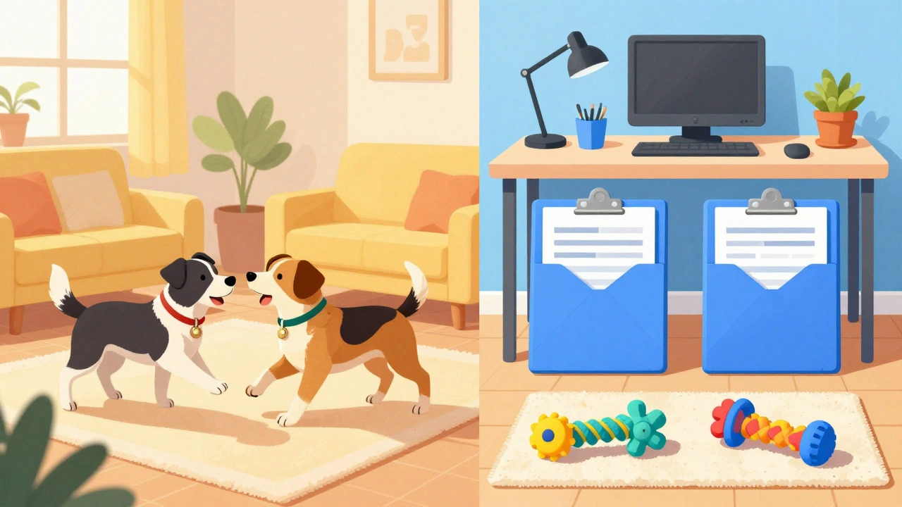A split image showing two dogs playing and a set of double pet supplies.