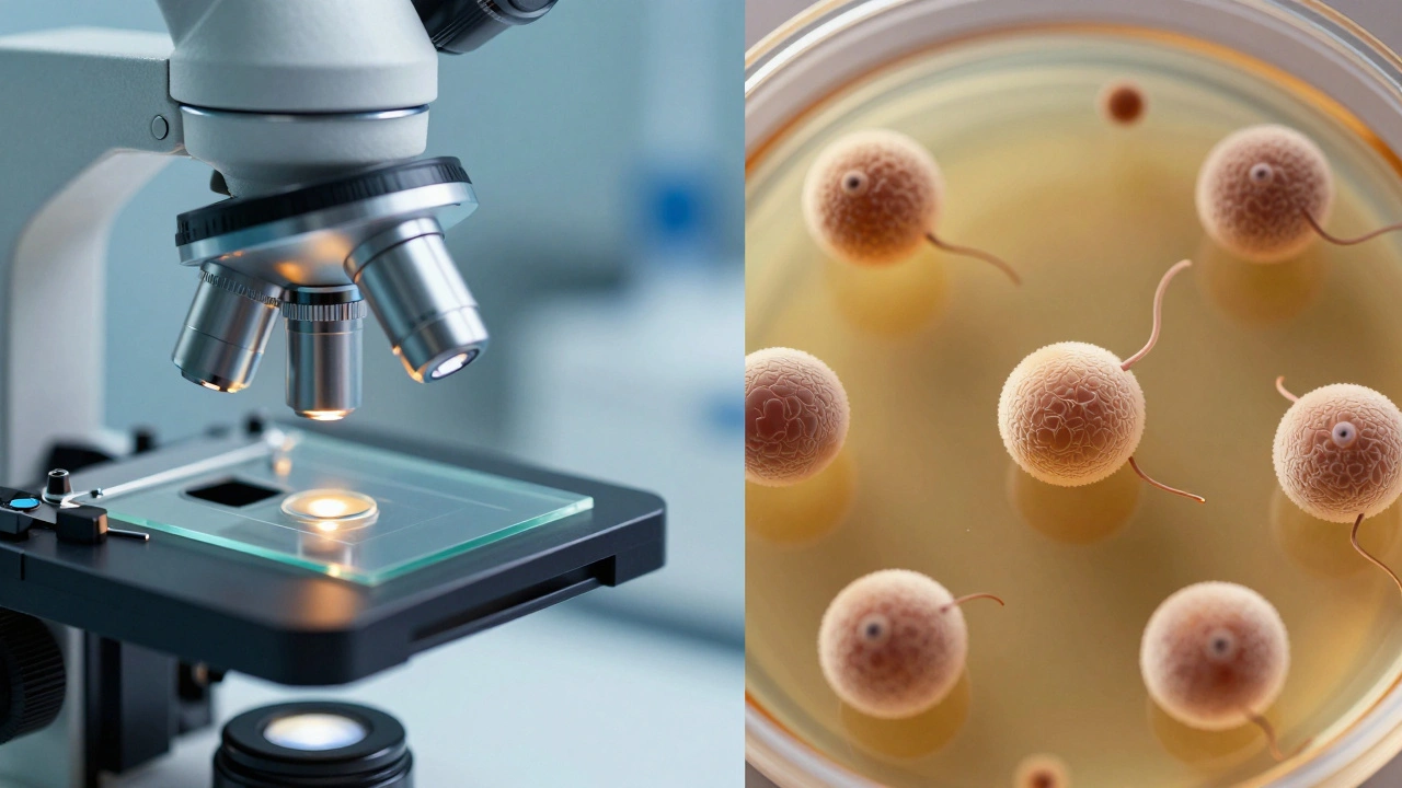 A split view of a microscope and various microscopic parasite eggs in solution.