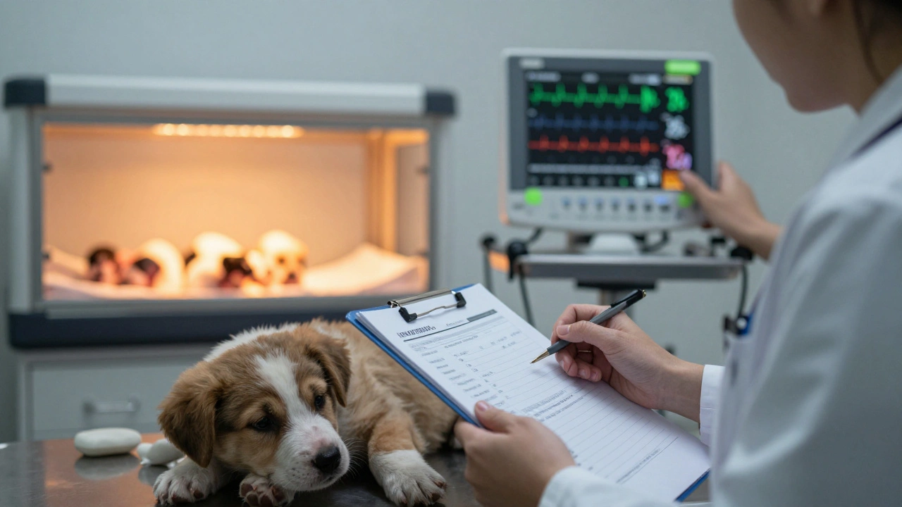 A tense scene in a veterinary clinic with a whelping box and medical equipment.