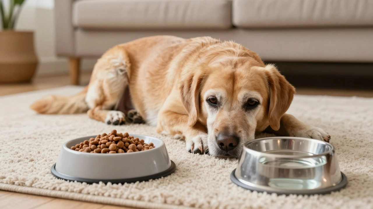 An elderly dog resting peacefully next to a slow-feeder bowl and water.