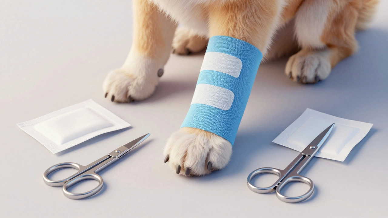 Blue cohesive bandage wrapped around a dog's paw next to medical scissors