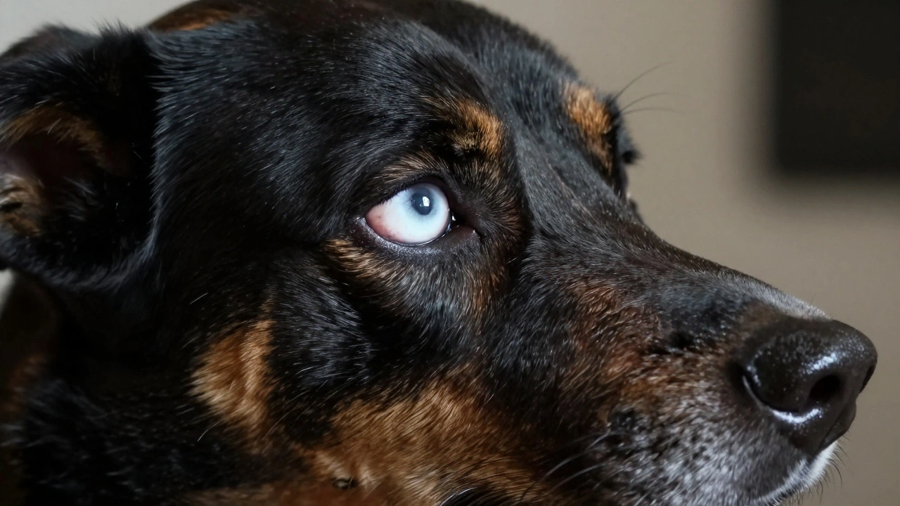 Close-up of a dog showing 'whale eye' with the whites of the eyes visible.