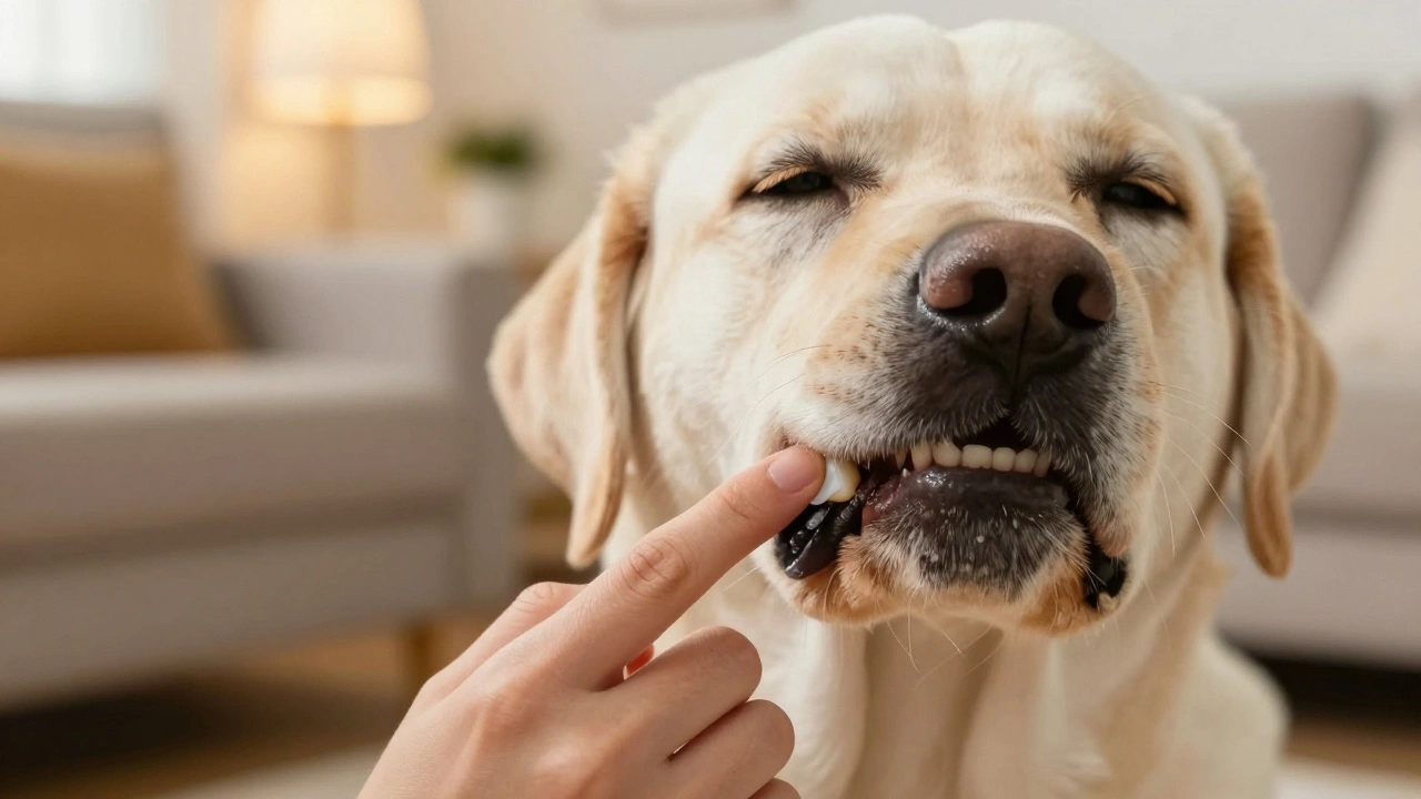 Close-up of a person gently applying dental gel to a calm dog's teeth with a finger.