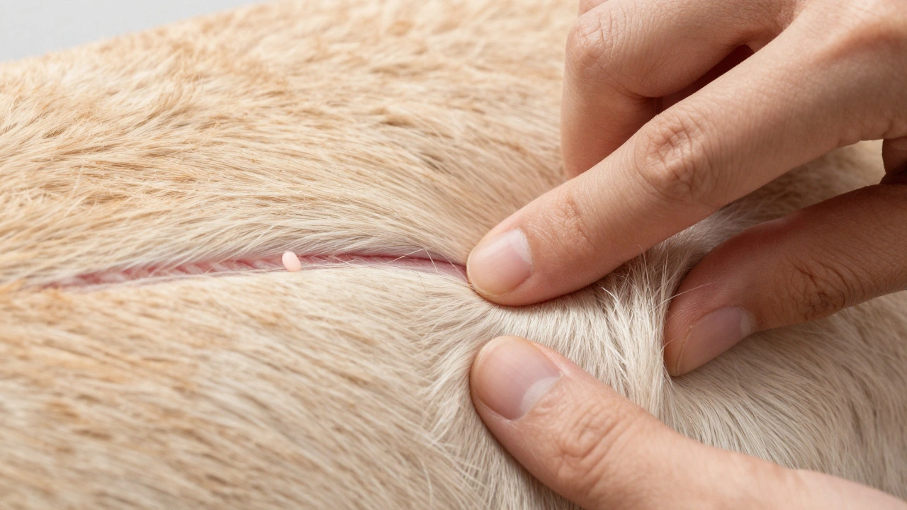 Close up of hands gently checking a dog's ribs to assess body condition