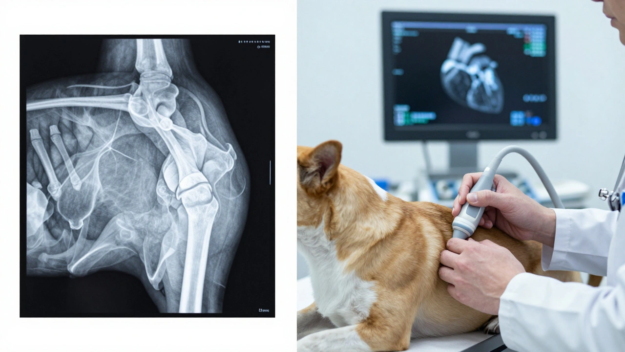 Comparison of a canine hip X-ray and a veterinary heart ultrasound