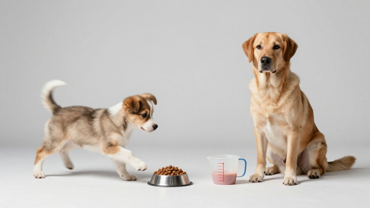 Comparison of a high-energy puppy and a calm adult dog with their meals.