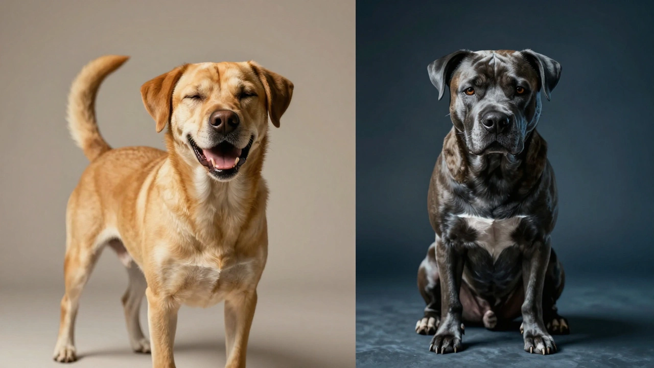 Comparison of a relaxed, wiggly dog in play versus a rigid, tense dog in aggression.