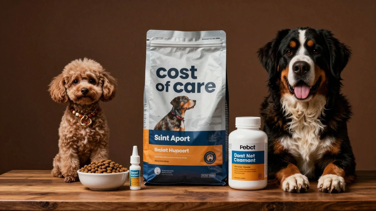 Comparison of food and medicine sizes for a Toy Poodle and a Bernese Mountain Dog.