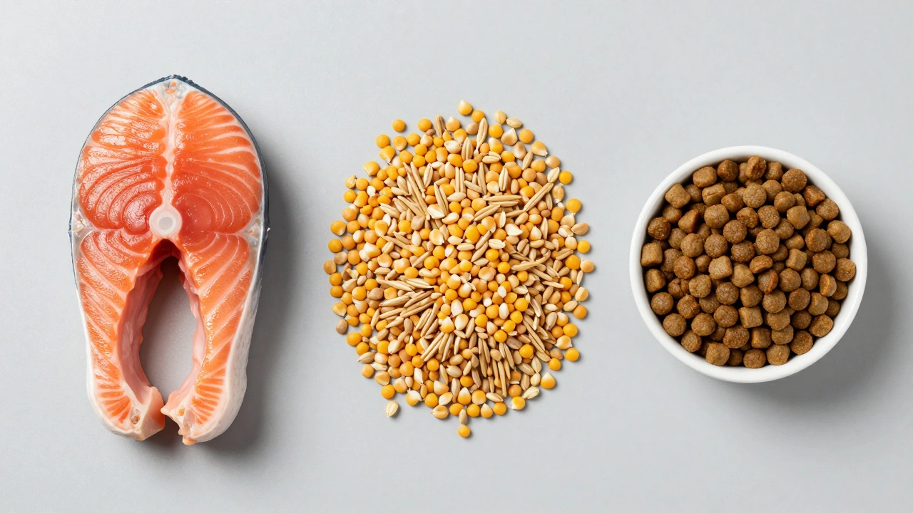 Comparison of fresh meat, grain fillers, and dog kibble on a neutral background.