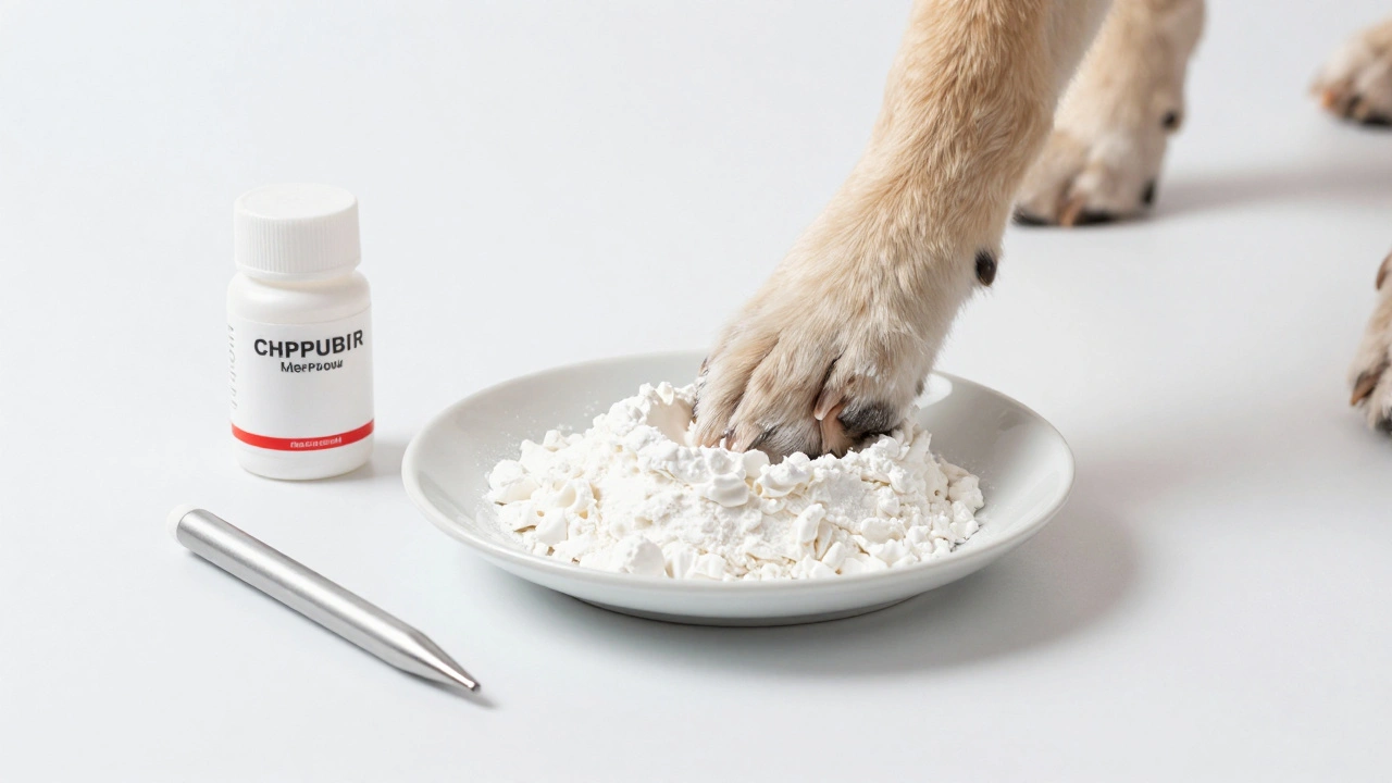 Cornstarch and styptic powder used as clotting agents for a dog's paw