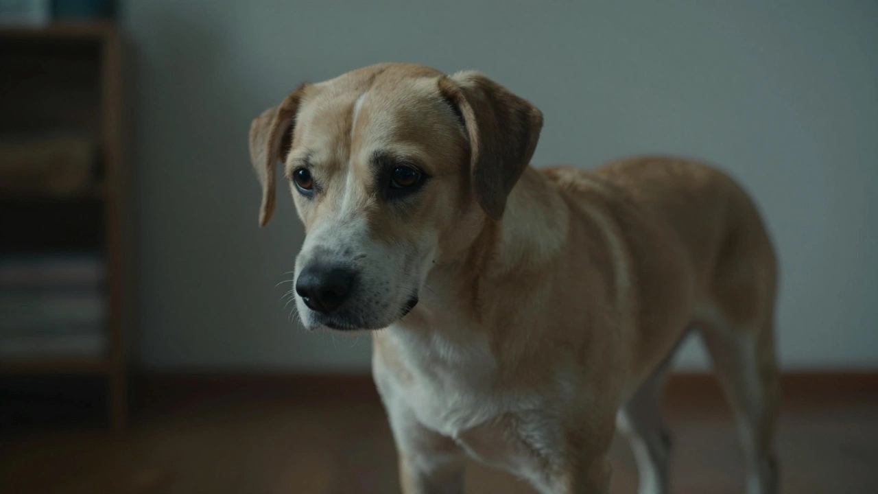 Dog with a pronounced head tilt and disoriented expression from inner ear infection