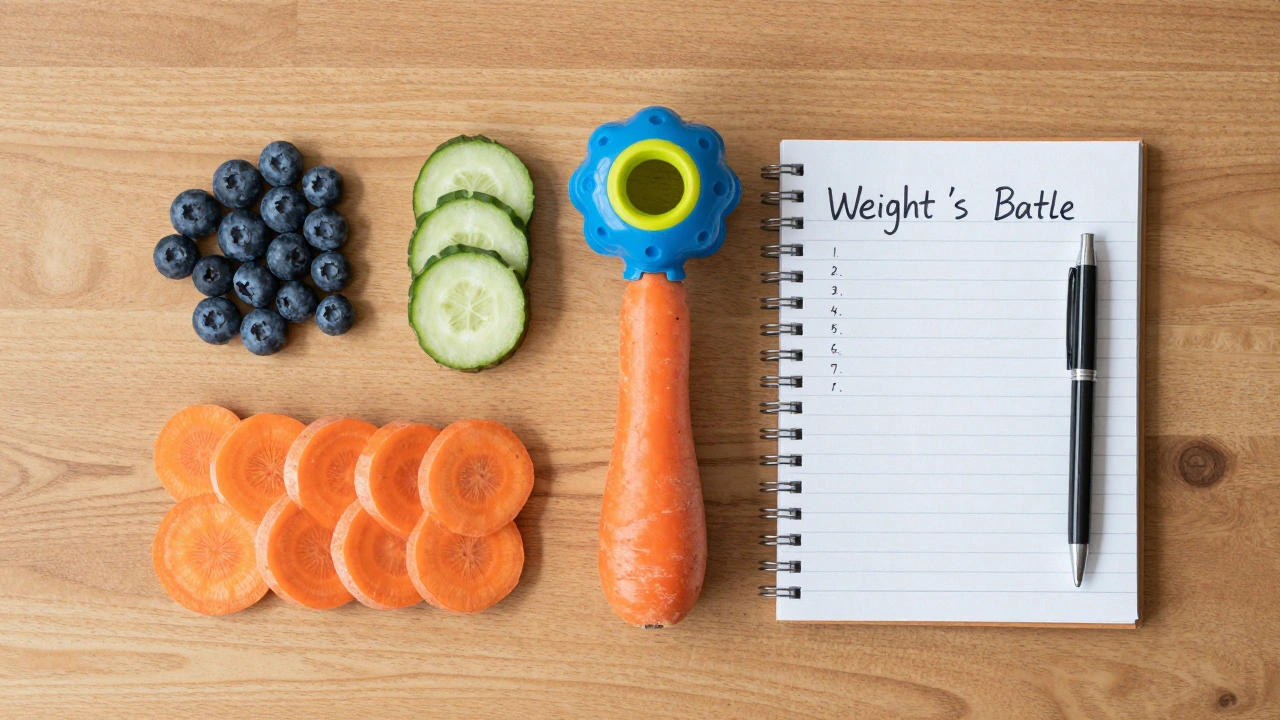 Flat lay of low-calorie dog treats, a puzzle toy, and a weight tracking journal.