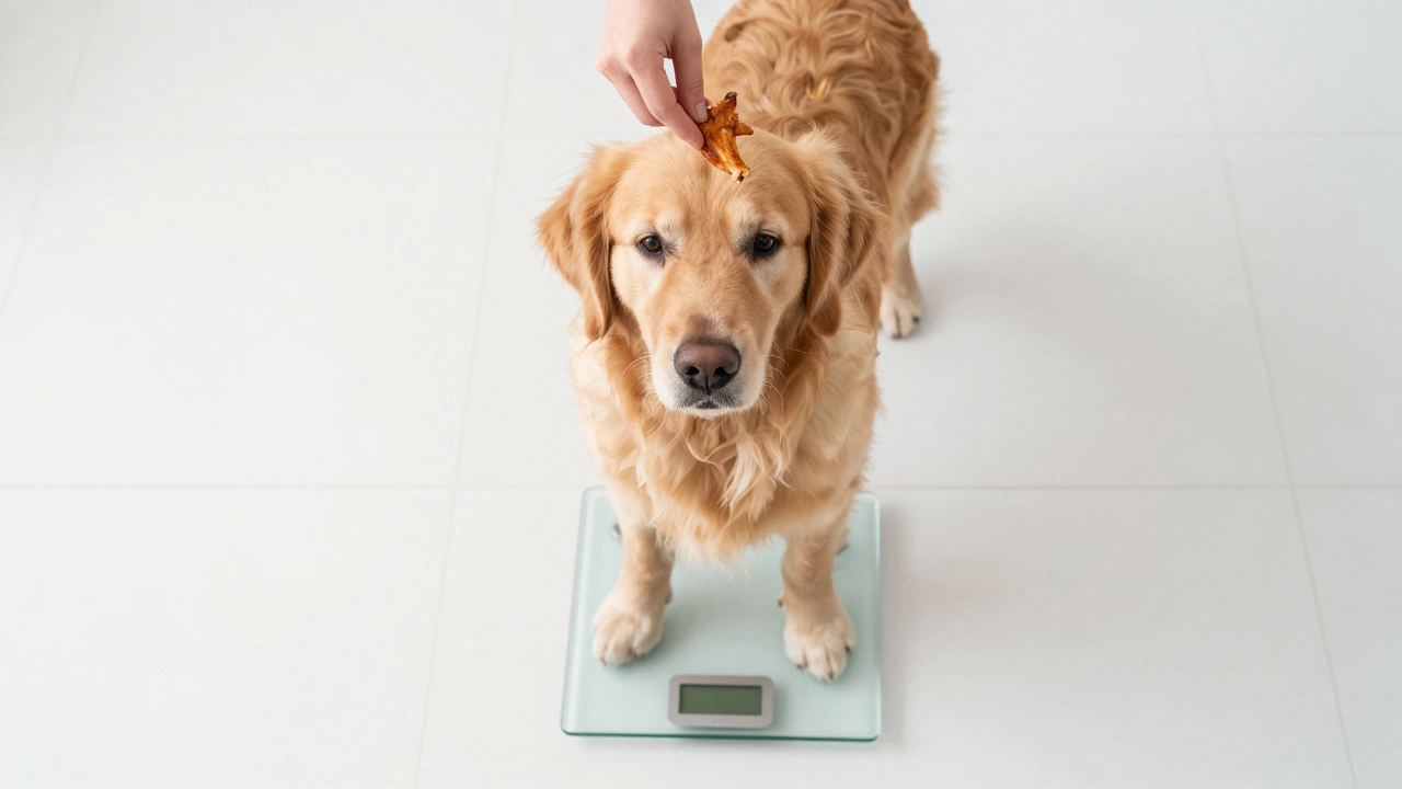 Golden Retriever standing on a bathroom scale while being lured with a treat